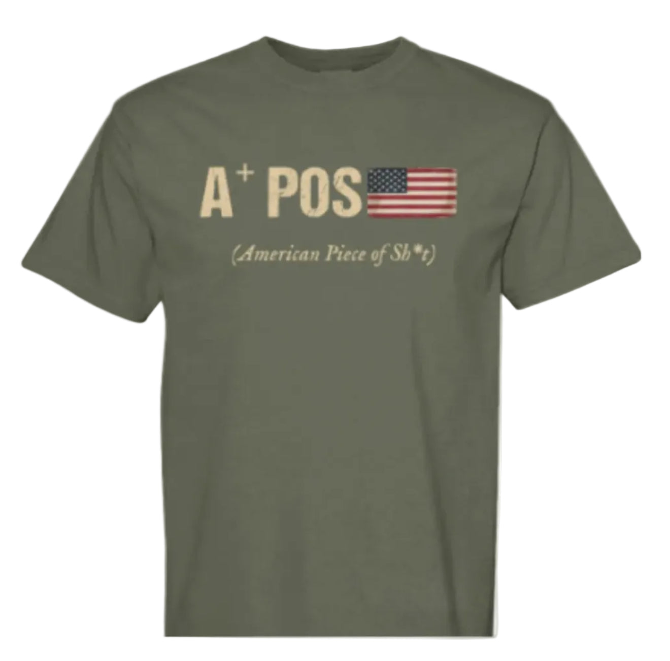 Green t-shirt with American flag and text on a white background