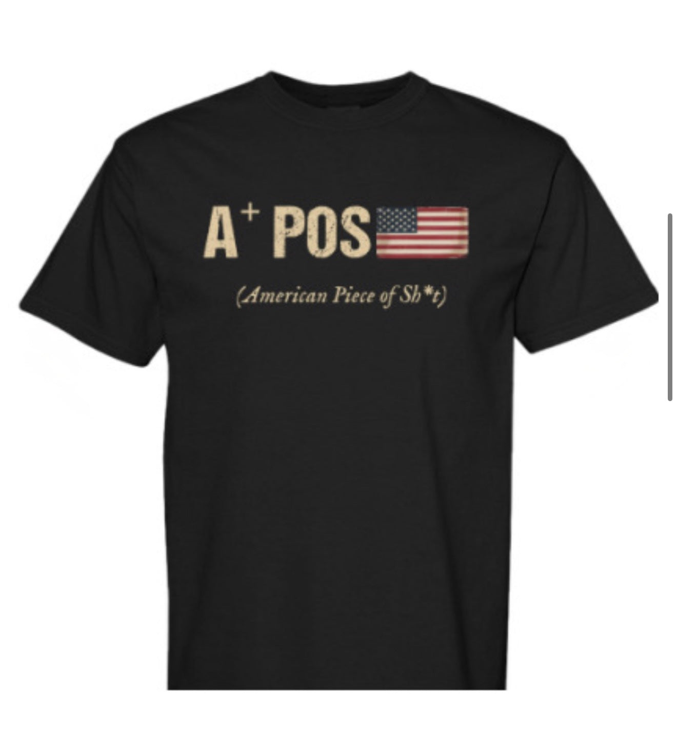 Black t-shirt with text and American flag design on a white background